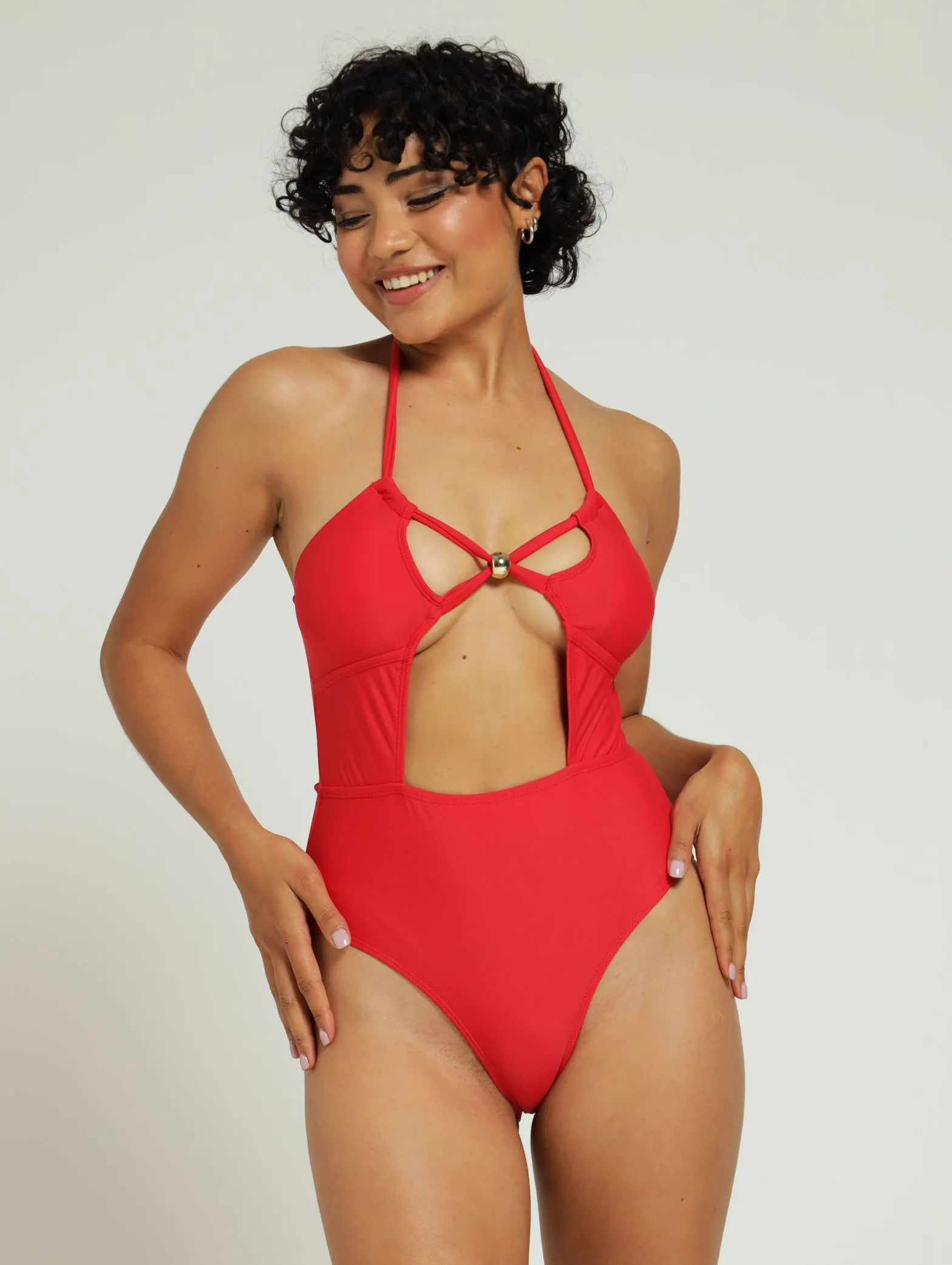 1 Piece Halter Swimsuit - Red