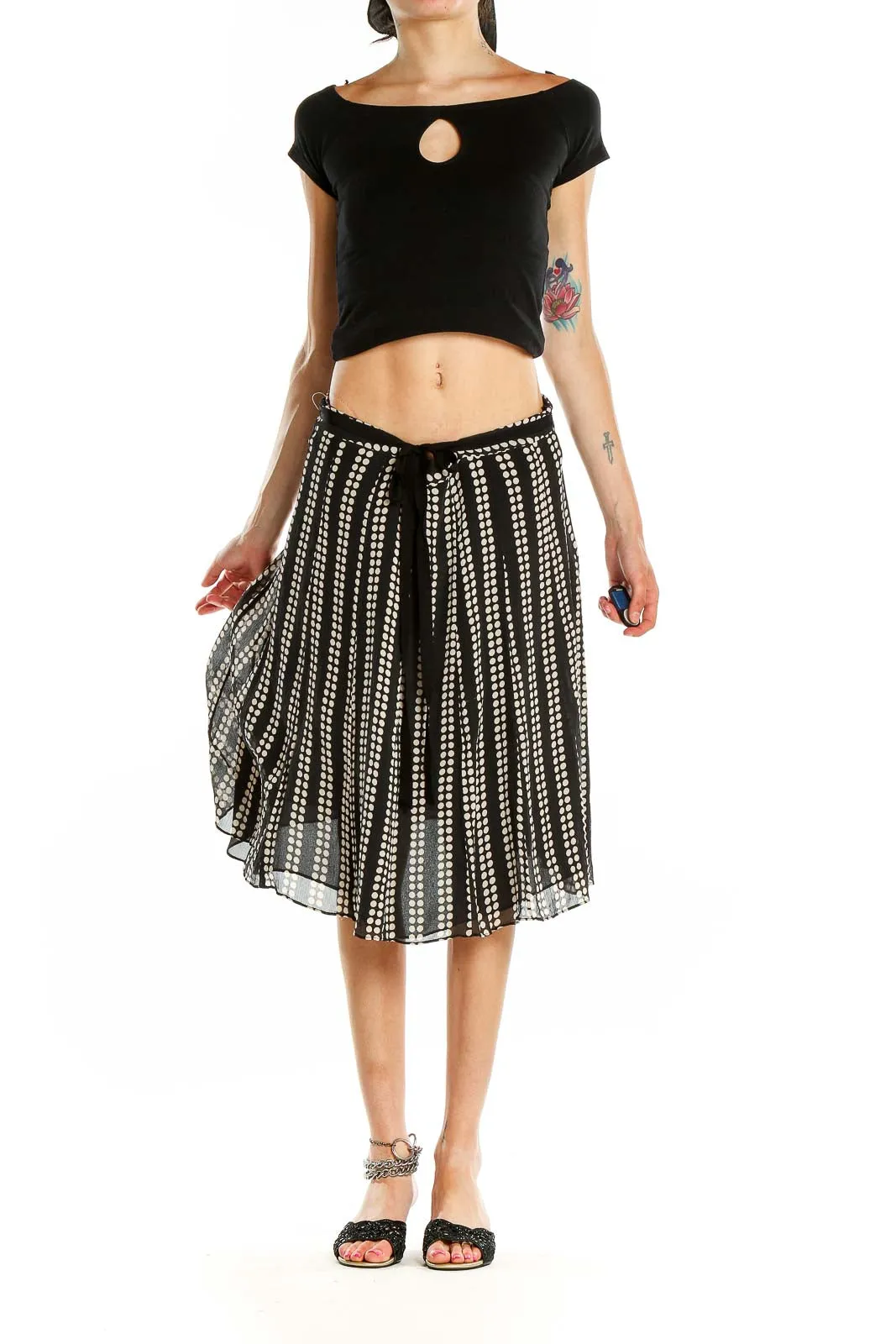 Black and White Polka Dot Pleated Midi Skirt