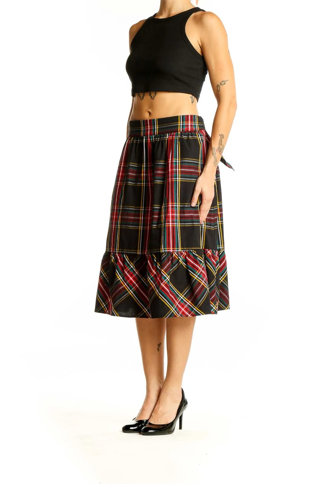 Black Plaid Cotton Midi Skirt