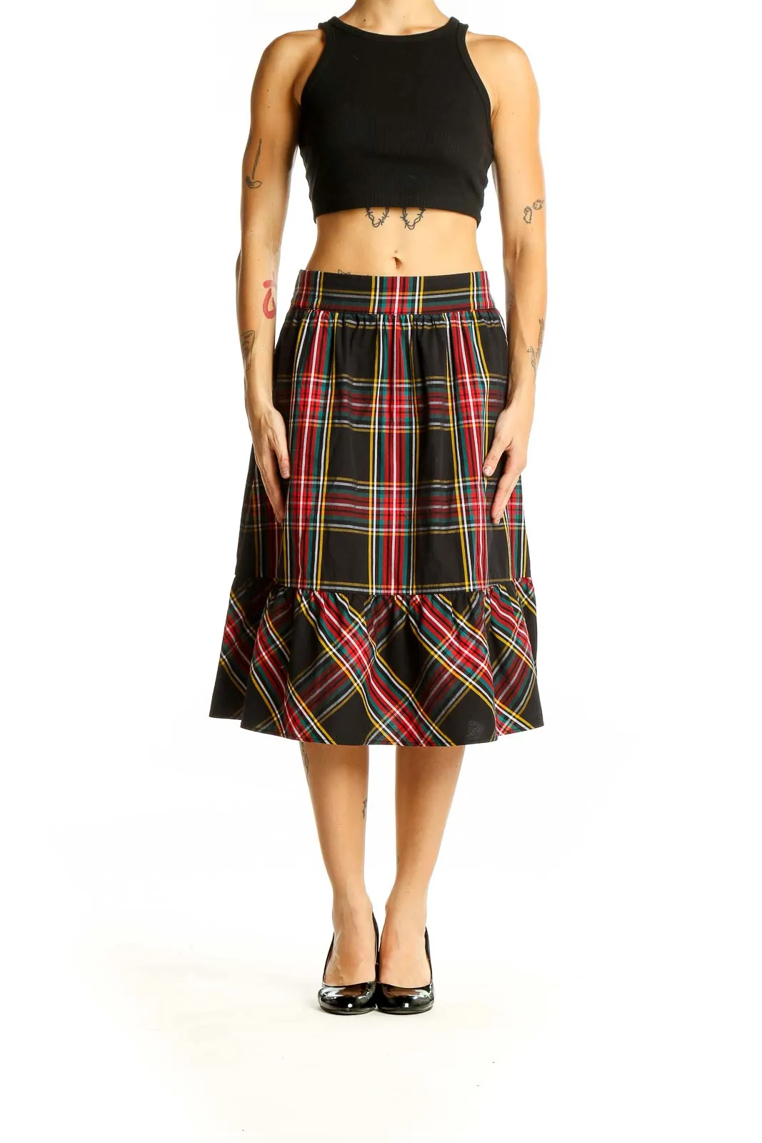 Black Plaid Cotton Midi Skirt
