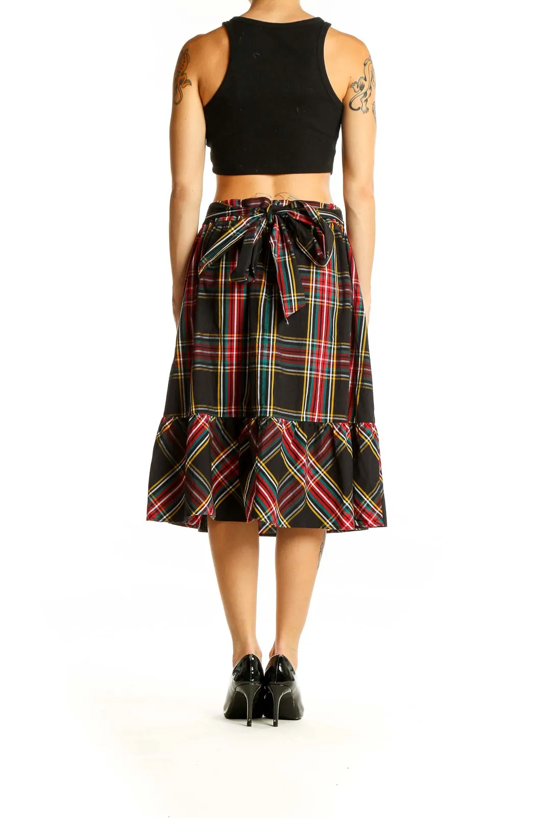 Black Plaid Cotton Midi Skirt