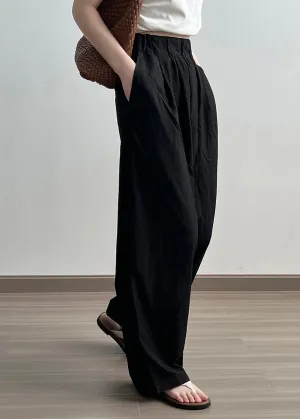 Black Pockets Cotton Wide Leg Pants Elastic Waist Wrinkled Fall AF1079