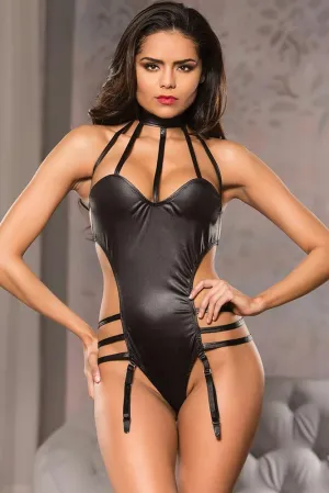 Black Strappy Wet Look Teddy in L-XL