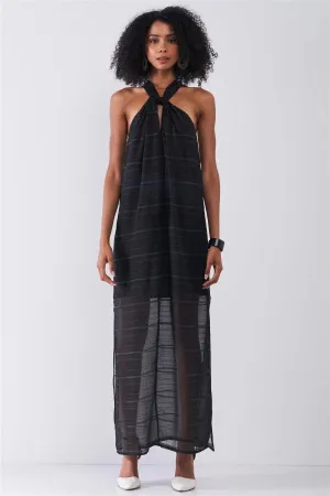 Black Stripped Chiffon Criss-Cross Maxi Dress /1-1-2