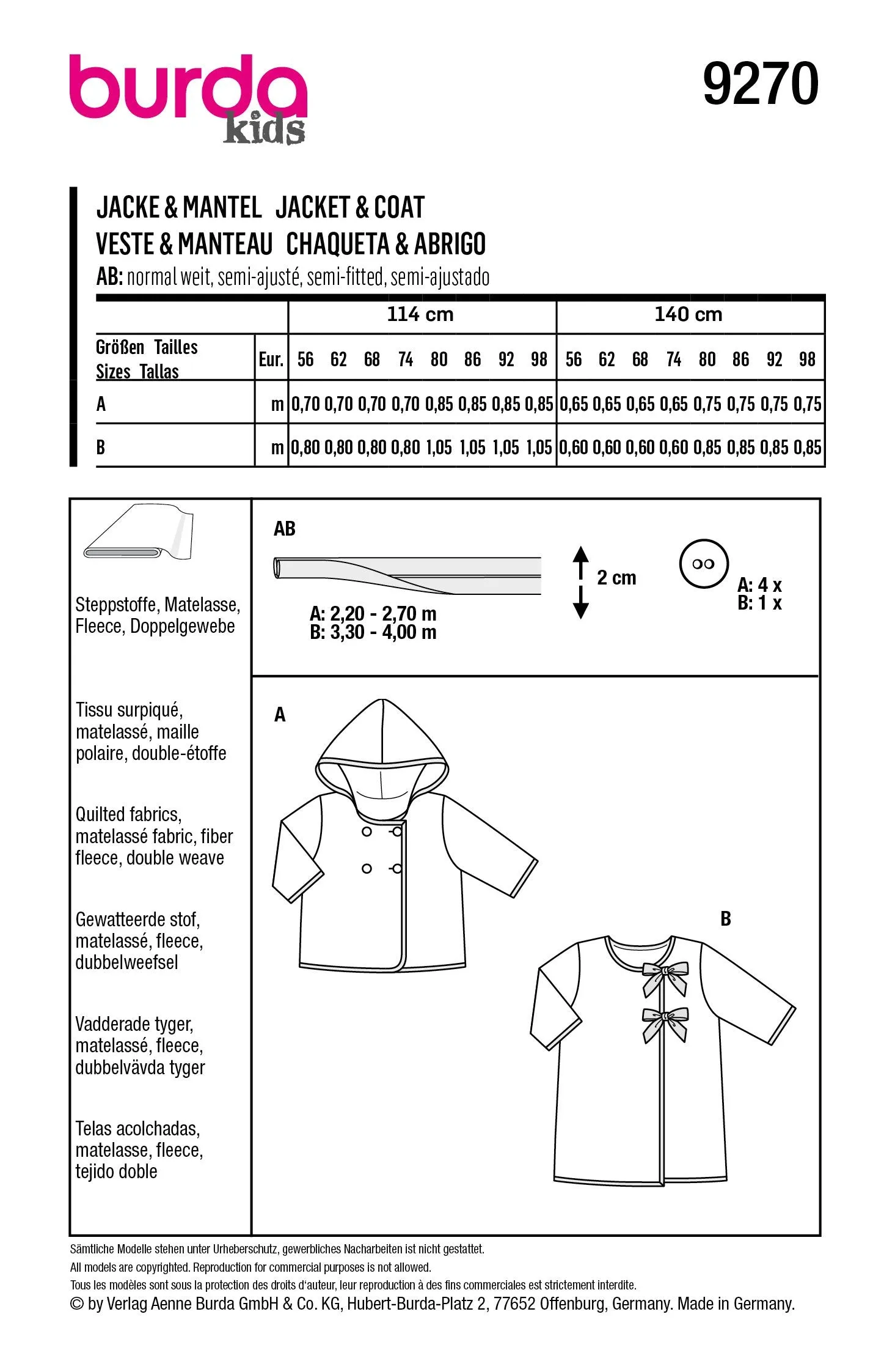 Burda Sewing Pattern 9270 Babies' Hooded Jacket