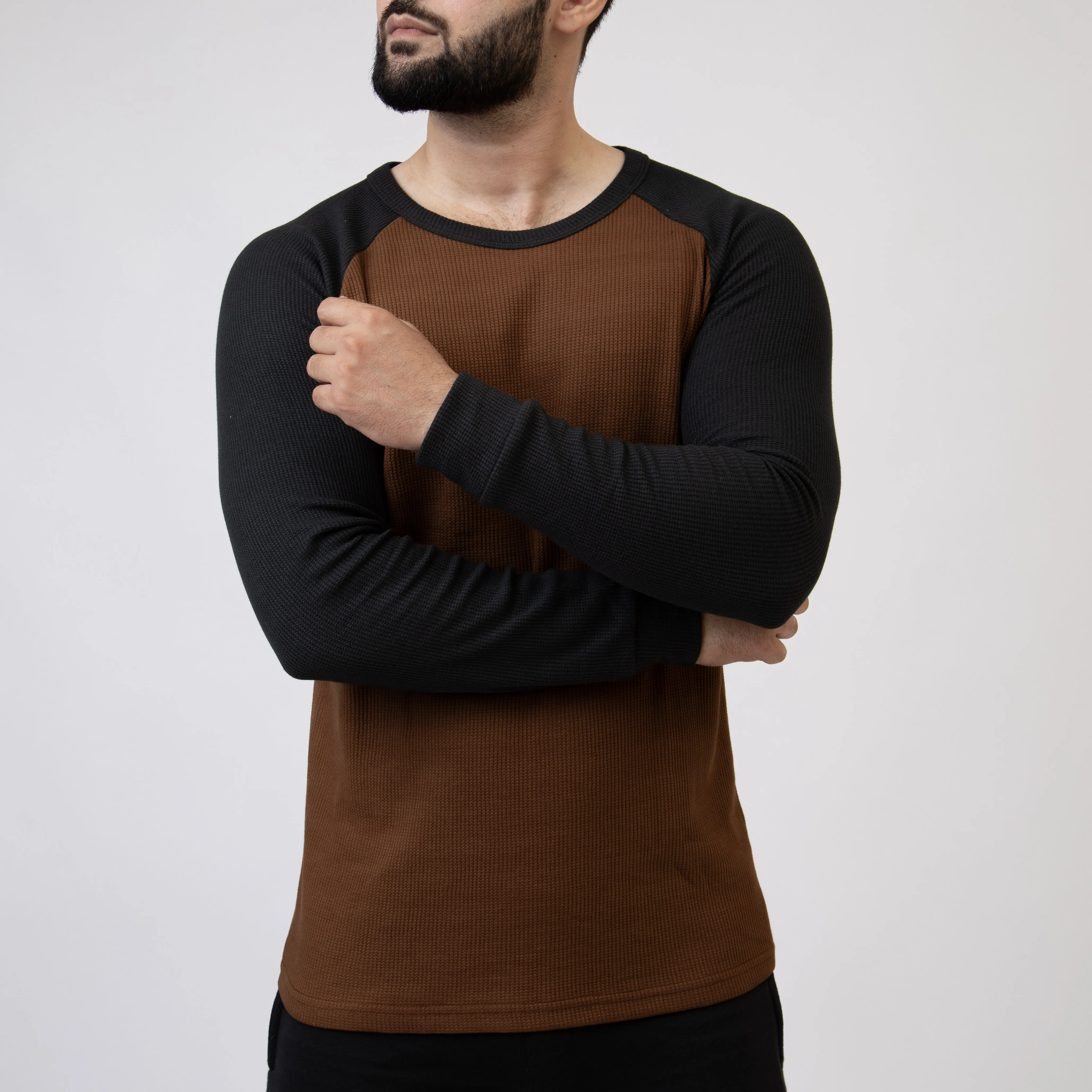 Caramel Brown & Black Thermal Waffle-Knit Raglan