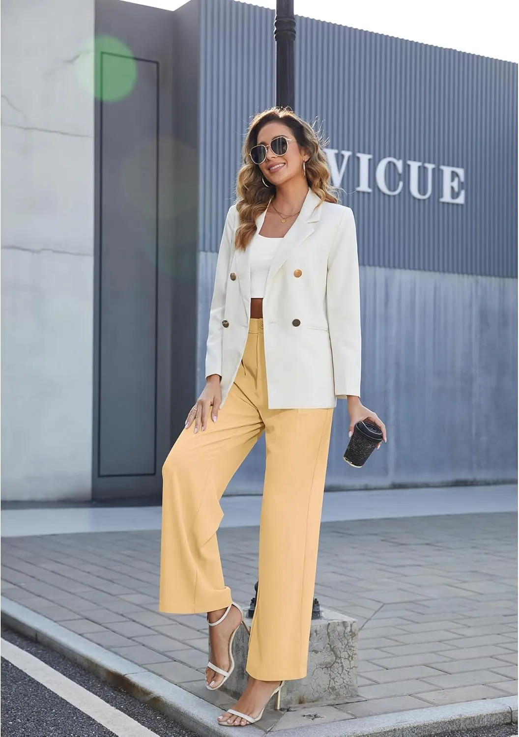 CZYINXIAN Women's Casual Business Work Wide Leg Pants Flowy High Waisted Suit Pants with Pockets
