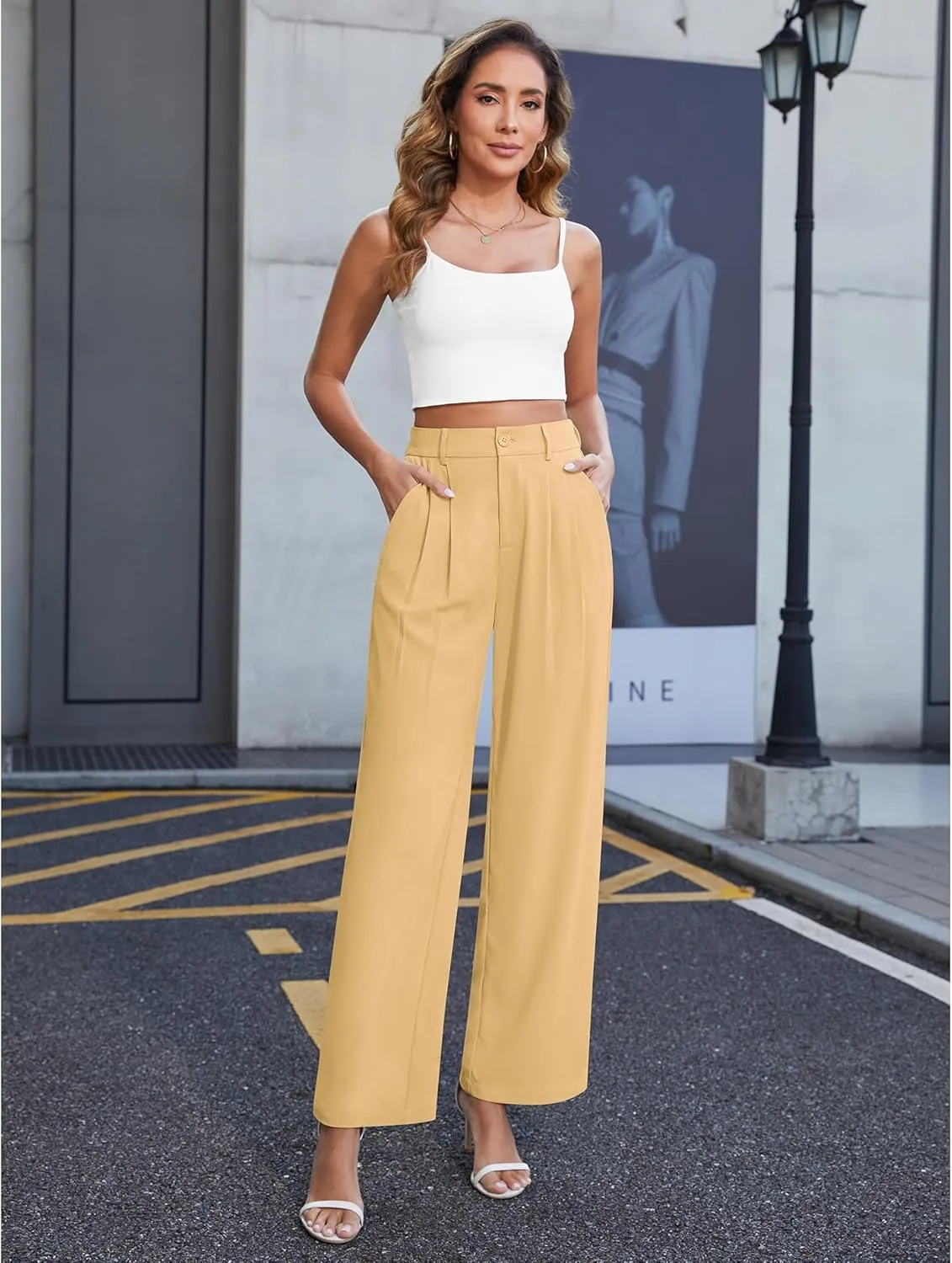 CZYINXIAN Women's Casual Business Work Wide Leg Pants Flowy High Waisted Suit Pants with Pockets