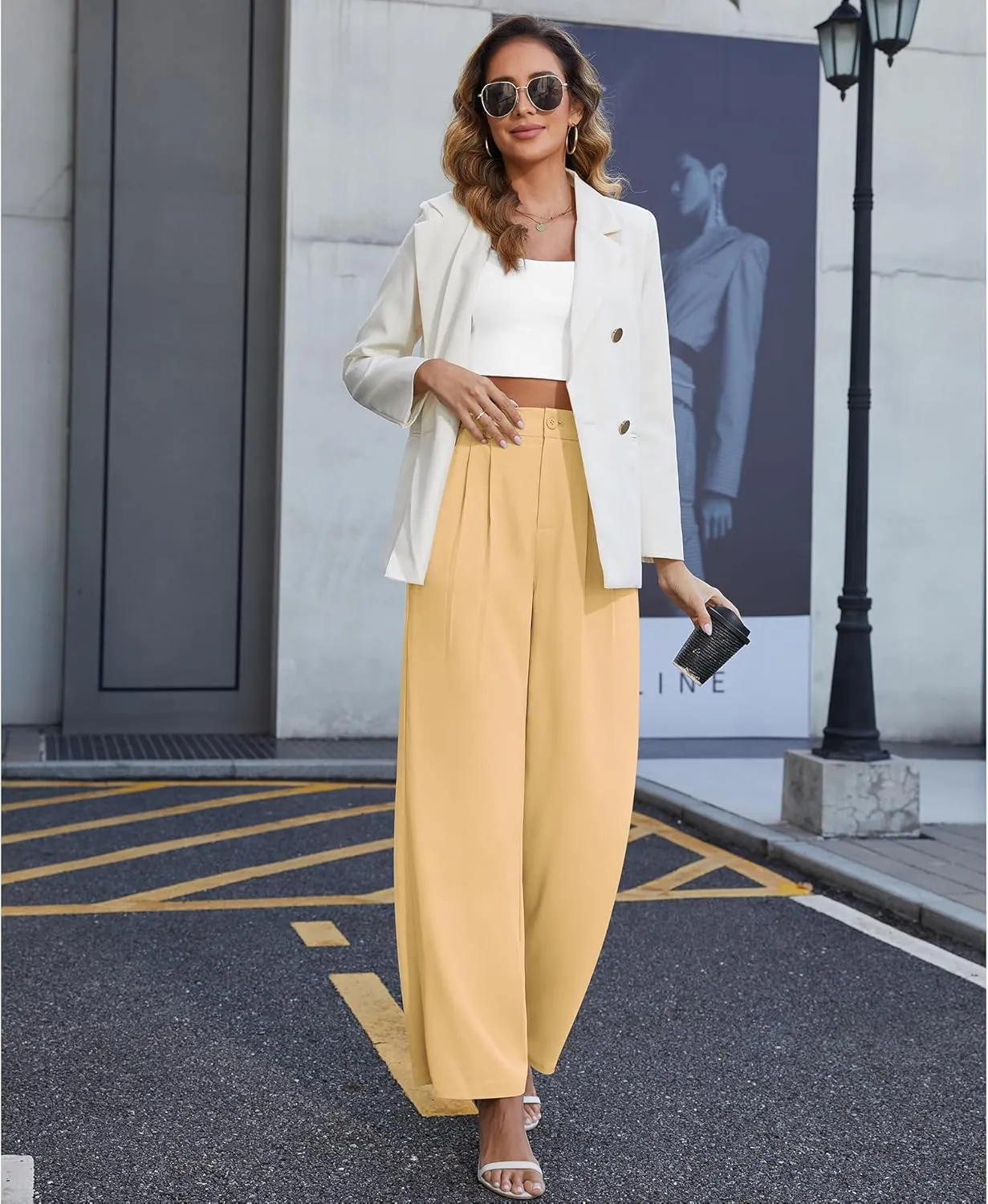 CZYINXIAN Women's Casual Business Work Wide Leg Pants Flowy High Waisted Suit Pants with Pockets