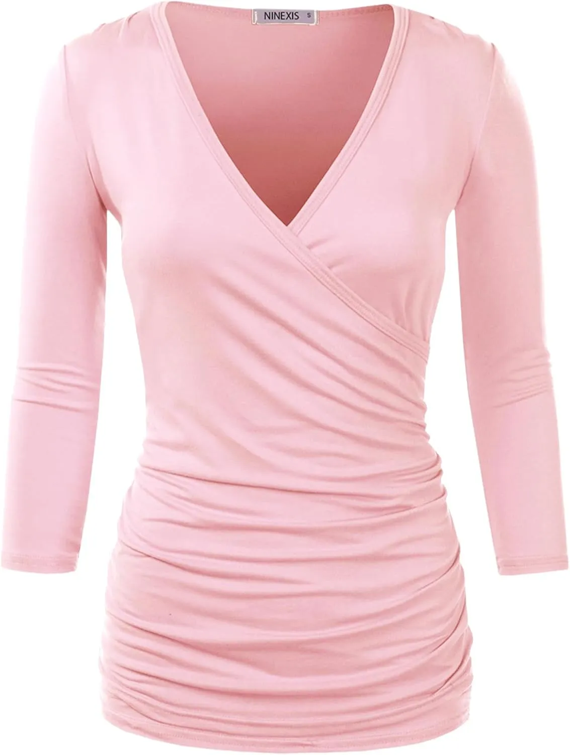 DOUBLJU 3/4 Sleeve Satin Ruched Hem Tank Tops Deep V Neck Tops Casual Basic Wrap Style T Shirts for Womens with Plus Size
