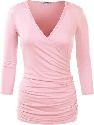DOUBLJU 3/4 Sleeve Satin Ruched Hem Tank Tops Deep V Neck Tops Casual Basic Wrap Style T Shirts for Womens with Plus Size