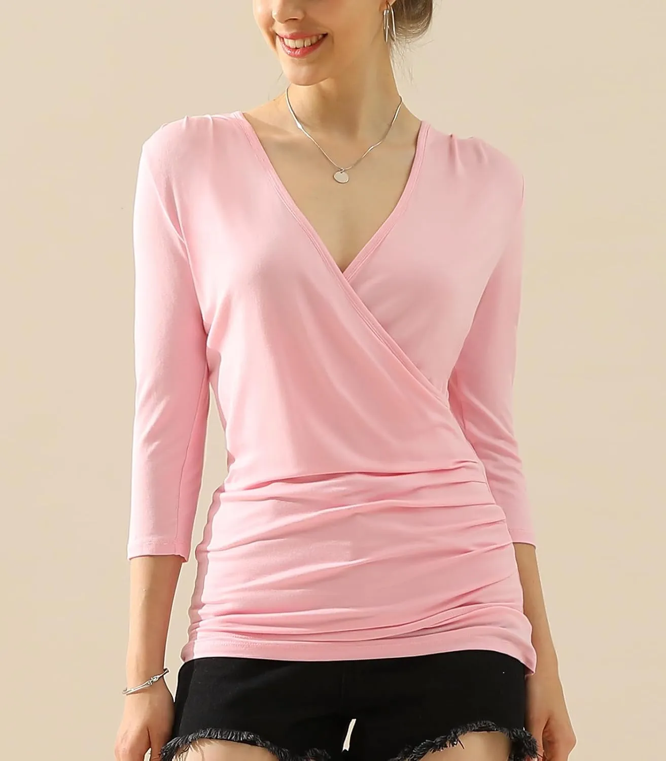 DOUBLJU 3/4 Sleeve Satin Ruched Hem Tank Tops Deep V Neck Tops Casual Basic Wrap Style T Shirts for Womens with Plus Size