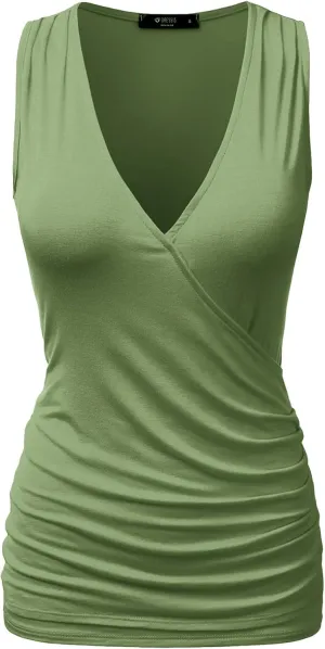 DOUBLJU Tank Tops For Women Cami Deep V Neck Sleeveless Satin Ruched Hem Tops Casual Basic Wrap T Shirts with Plus Size