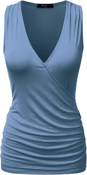DOUBLJU Tank Tops For Women Cami Deep V Neck Sleeveless Satin Ruched Hem Tops Casual Basic Wrap T Shirts with Plus Size
