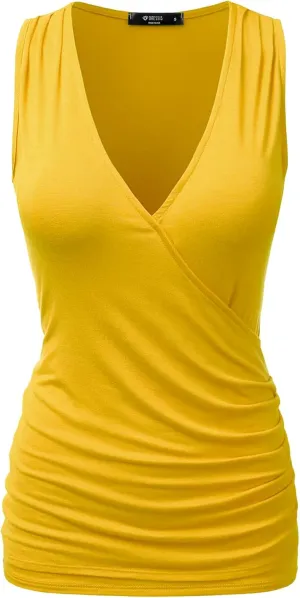DOUBLJU Tank Tops For Women Cami Deep V Neck Sleeveless Satin Ruched Hem Tops Casual Basic Wrap T Shirts with Plus Size