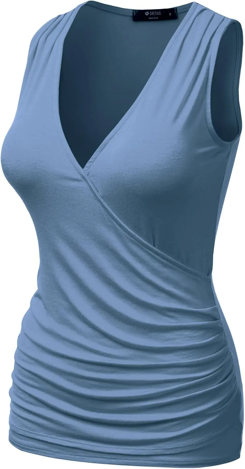 DOUBLJU Tank Tops For Women Cami Deep V Neck Sleeveless Satin Ruched Hem Tops Casual Basic Wrap T Shirts with Plus Size