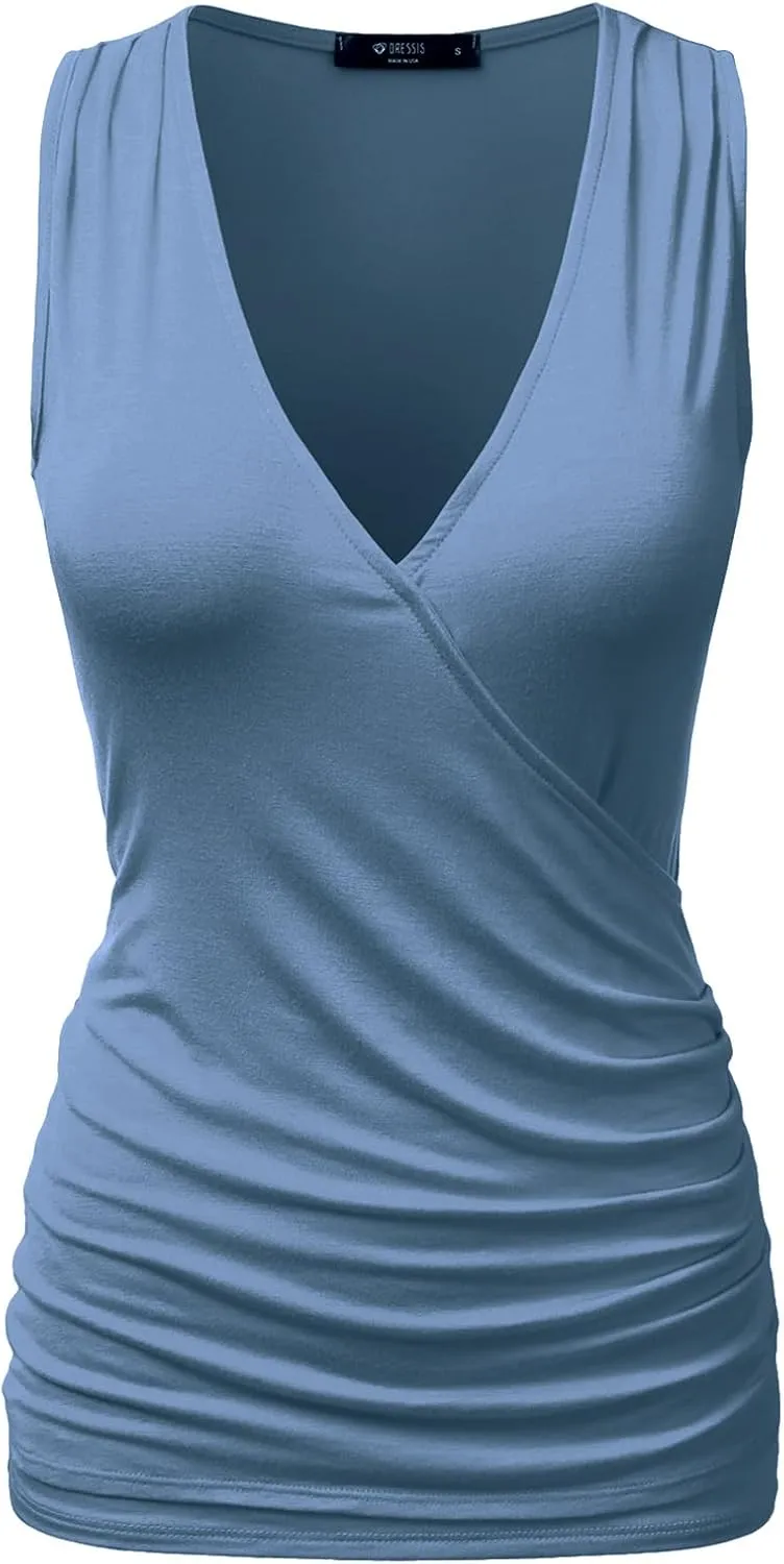 DOUBLJU Tank Tops For Women Cami Deep V Neck Sleeveless Satin Ruched Hem Tops Casual Basic Wrap T Shirts with Plus Size