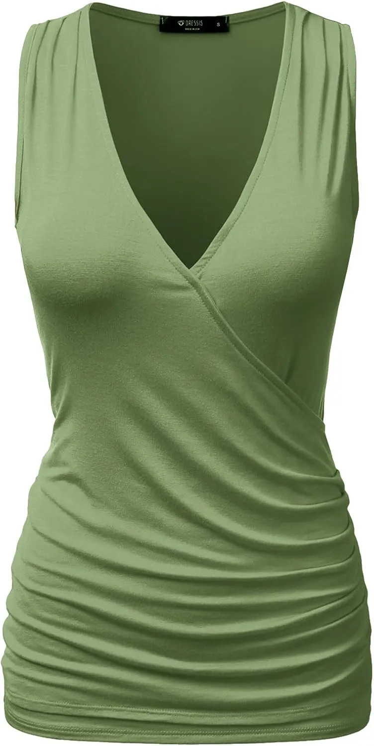 DOUBLJU Tank Tops For Women Cami Deep V Neck Sleeveless Satin Ruched Hem Tops Casual Basic Wrap T Shirts with Plus Size