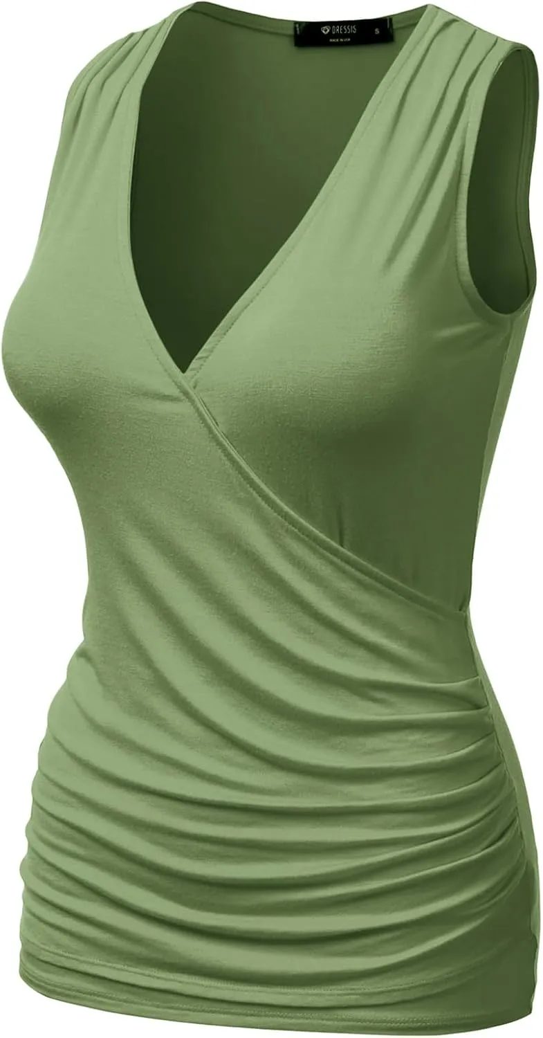 DOUBLJU Tank Tops For Women Cami Deep V Neck Sleeveless Satin Ruched Hem Tops Casual Basic Wrap T Shirts with Plus Size