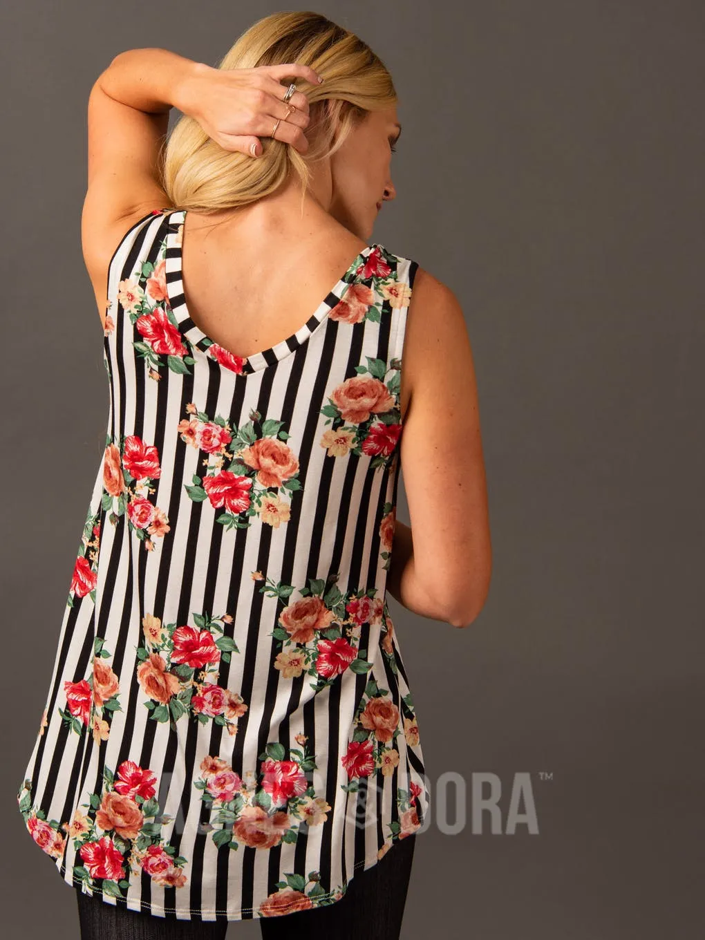 Essential Tank in Black, White & Coral Stripe - Double V-Neck