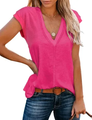 Famulily Cute Cap Sleeve Deep V Neck Tee Shirts Basic Casual Loose Summer Tops for Women