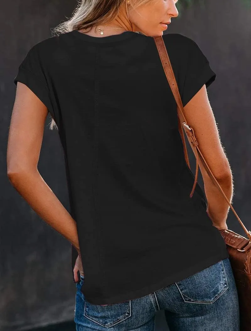 Famulily Cute Cap Sleeve Deep V Neck Tee Shirts Basic Casual Loose Summer Tops for Women