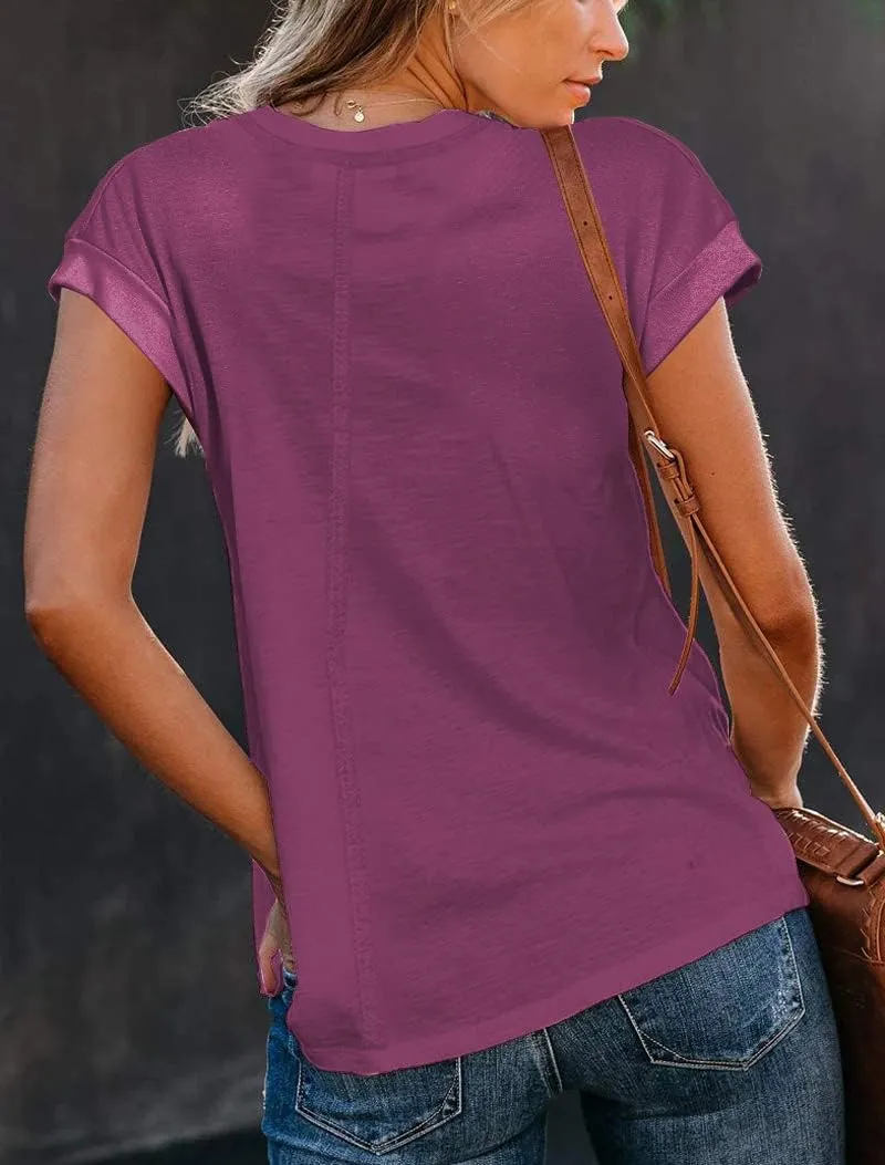 Famulily Cute Cap Sleeve Deep V Neck Tee Shirts Basic Casual Loose Summer Tops for Women