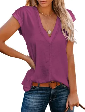 Famulily Cute Cap Sleeve Deep V Neck Tee Shirts Basic Casual Loose Summer Tops for Women
