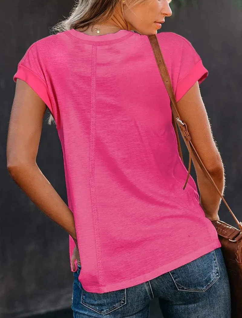Famulily Cute Cap Sleeve Deep V Neck Tee Shirts Basic Casual Loose Summer Tops for Women