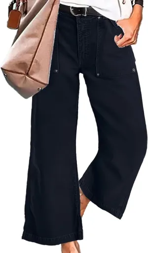 Flamingals Straight Wide Leg Jeans for Women Mid Waisted Casual Raw Hem Denim Capris Pants with Pockets