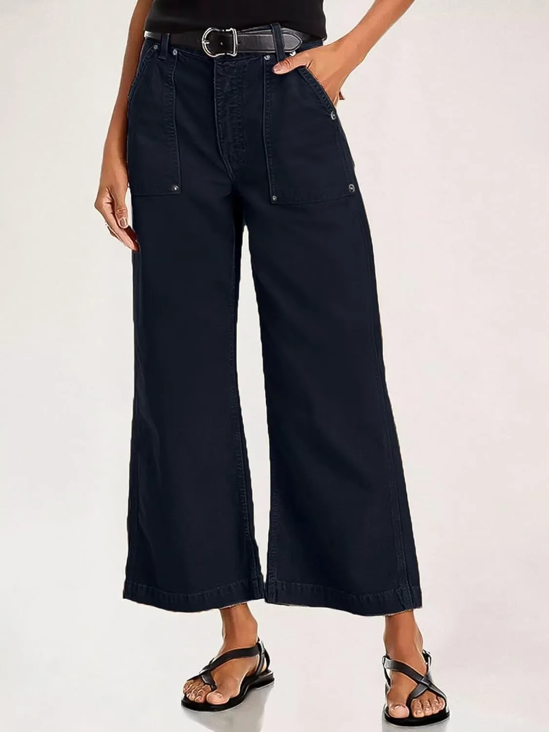 Flamingals Straight Wide Leg Jeans for Women Mid Waisted Casual Raw Hem Denim Capris Pants with Pockets