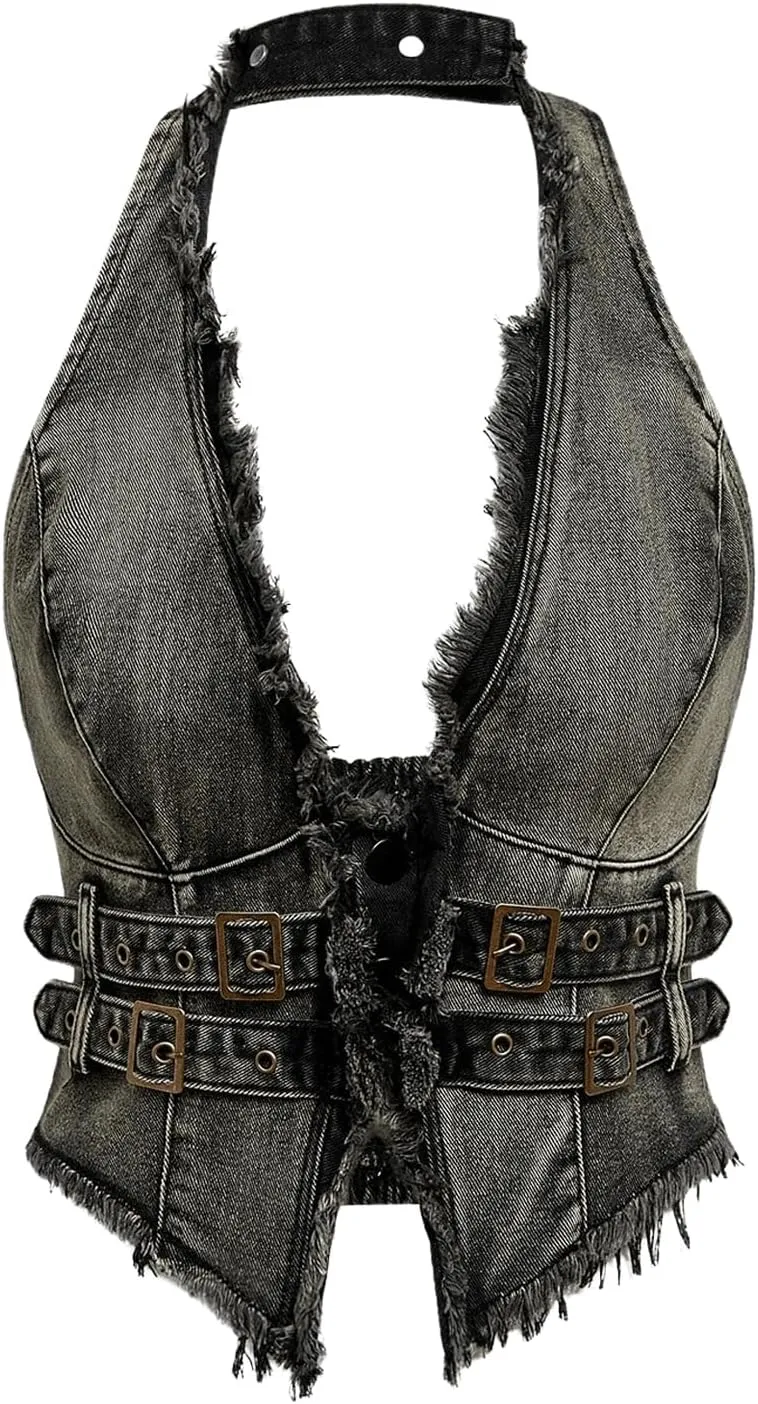Floerns Women's Grunge Sleeveless Hater Backless Hip Hop Fringe Trim Vest Denim Tops