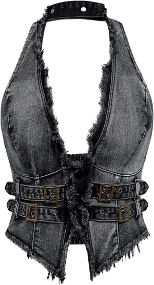 Floerns Women's Grunge Sleeveless Hater Backless Hip Hop Fringe Trim Vest Denim Tops