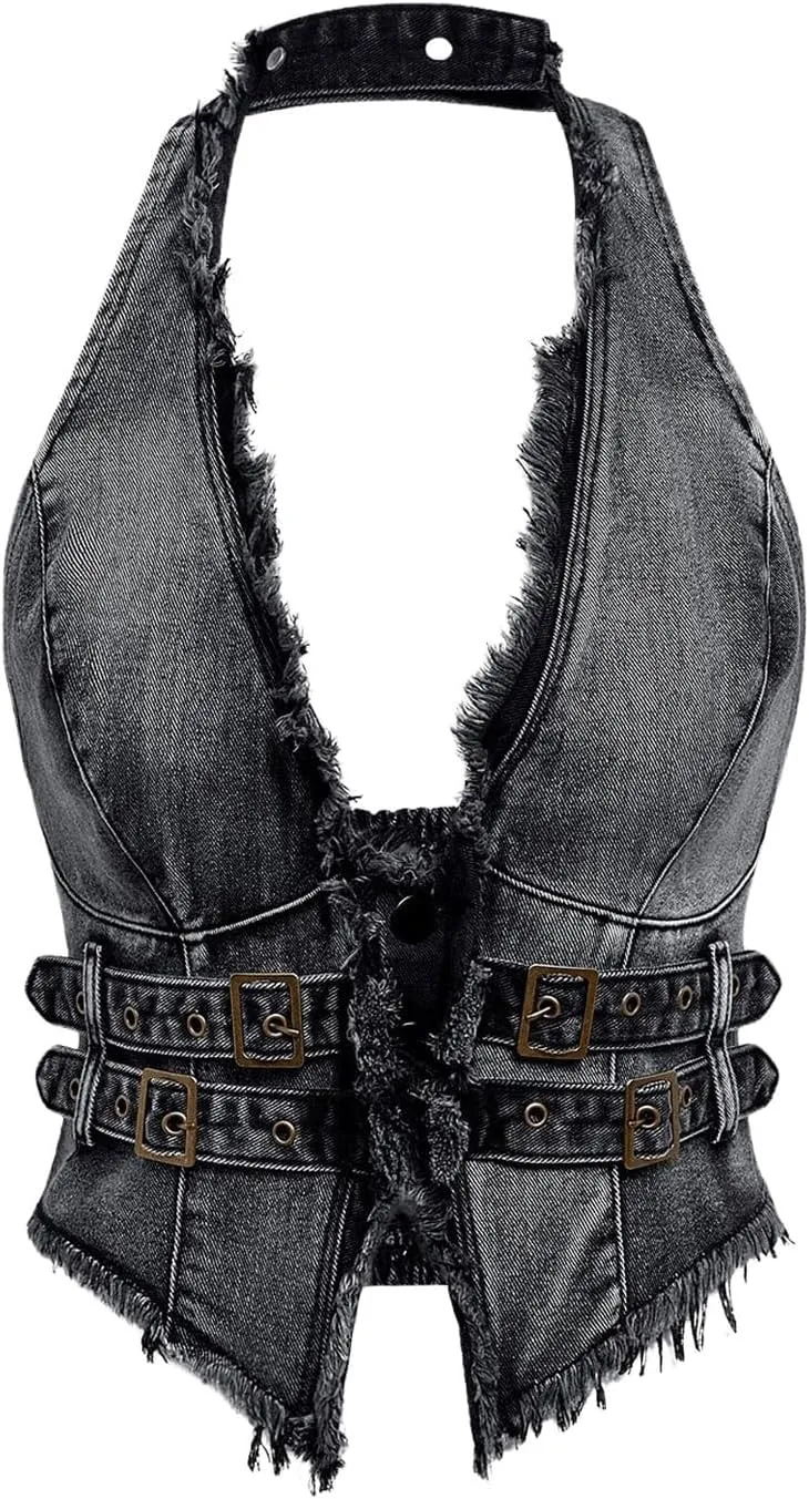 Floerns Women's Grunge Sleeveless Hater Backless Hip Hop Fringe Trim Vest Denim Tops
