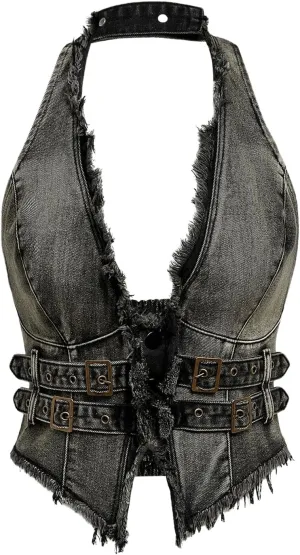 Floerns Women's Grunge Sleeveless Hater Backless Hip Hop Fringe Trim Vest Denim Tops