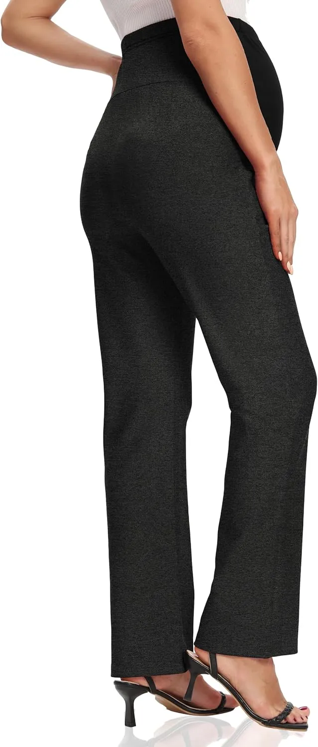 Foucome Women's Maternity Pants Comfy Stretch Dress Work Pants Straight Leg Pregnancy Slacks with Pockets