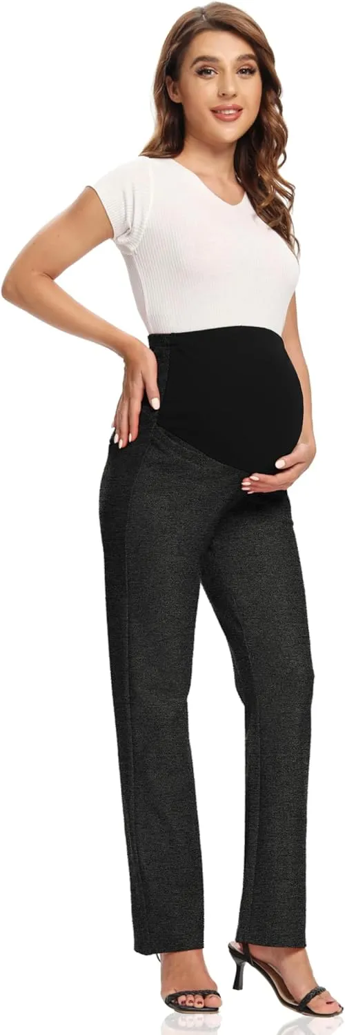 Foucome Women's Maternity Pants Comfy Stretch Dress Work Pants Straight Leg Pregnancy Slacks with Pockets