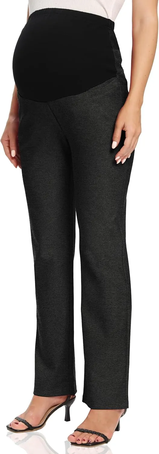 Foucome Women's Maternity Pants Comfy Stretch Dress Work Pants Straight Leg Pregnancy Slacks with Pockets