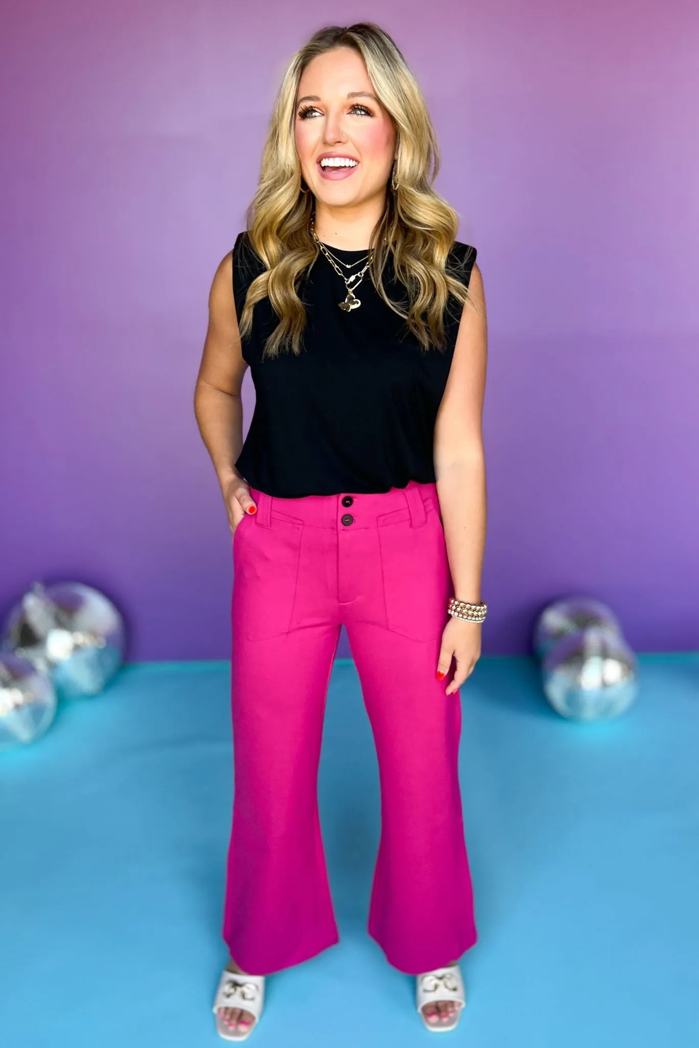 Fuchsia Two Front Placket Ponte Flare Pants