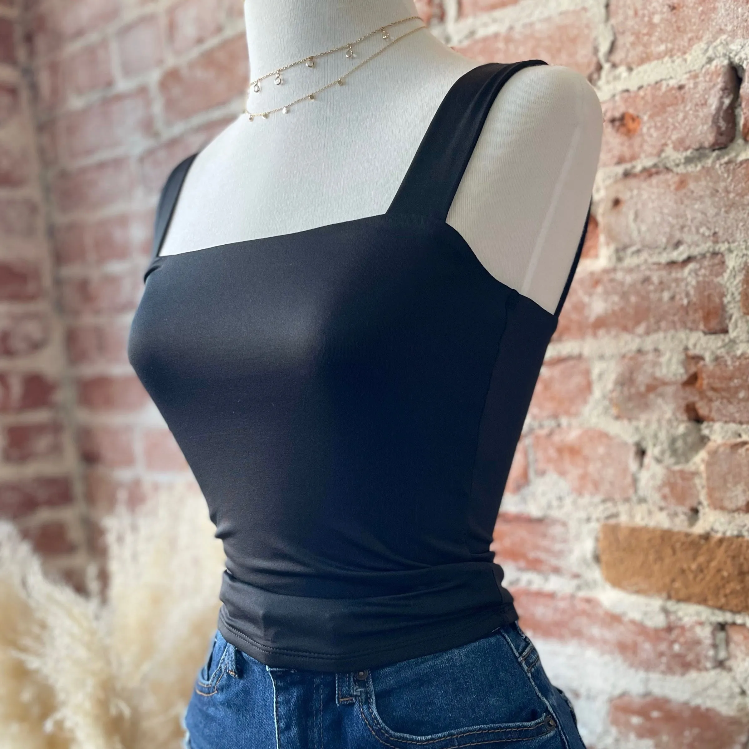 Go Out Double Layered Square Neck Top Black
