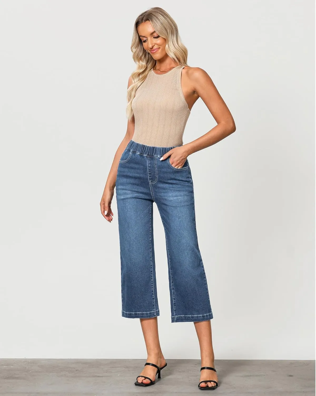 GRAPENT Capri Jeans for Women Wide Leg High Waisted Effortless Flow Pull On Stretchy Denim Elastic Waist Pants with Pockets