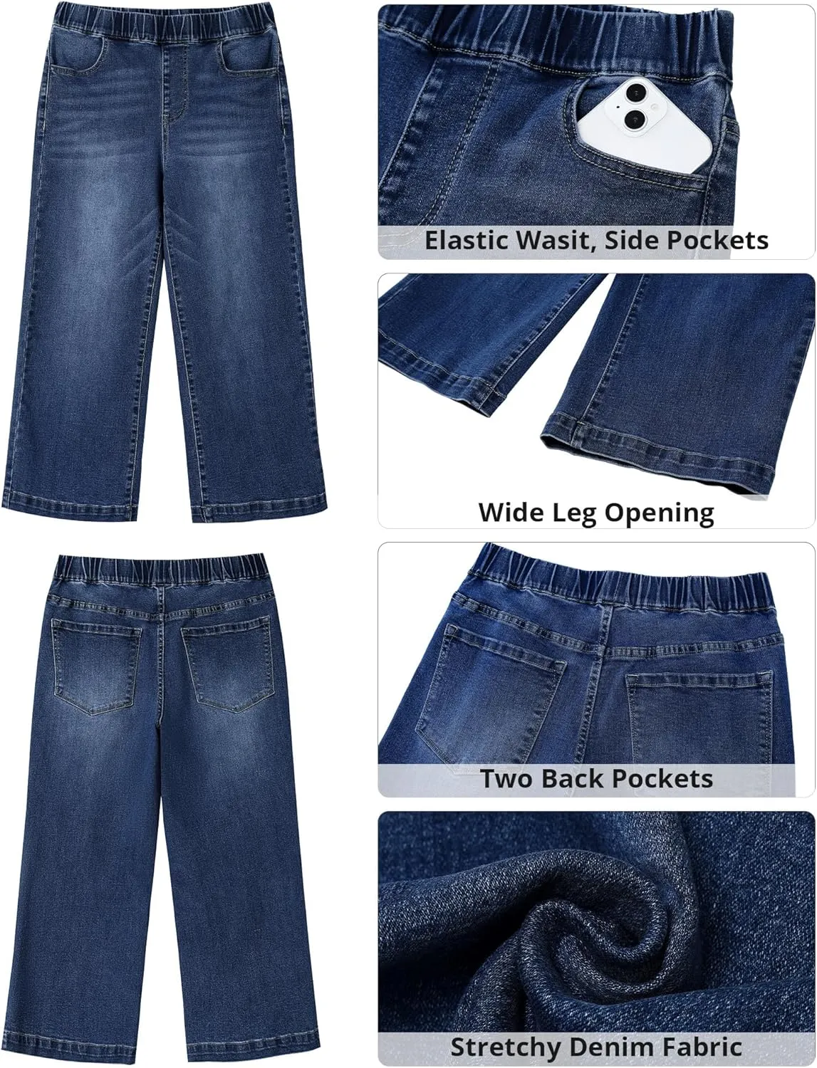 GRAPENT Capri Jeans for Women Wide Leg High Waisted Effortless Flow Pull On Stretchy Denim Elastic Waist Pants with Pockets