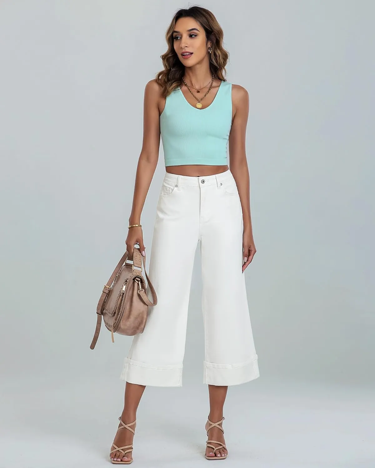 GRAPENT Wide Leg Jeans for Women High Waisted Stretchy Denim Crop Pants Fold Hem Cropped Baggy Jeans with Pockets