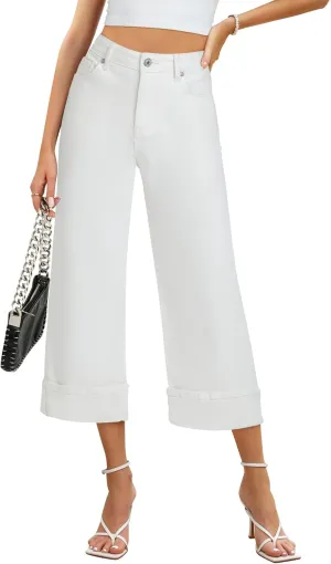 GRAPENT Wide Leg Jeans for Women High Waisted Stretchy Denim Crop Pants Fold Hem Cropped Baggy Jeans with Pockets