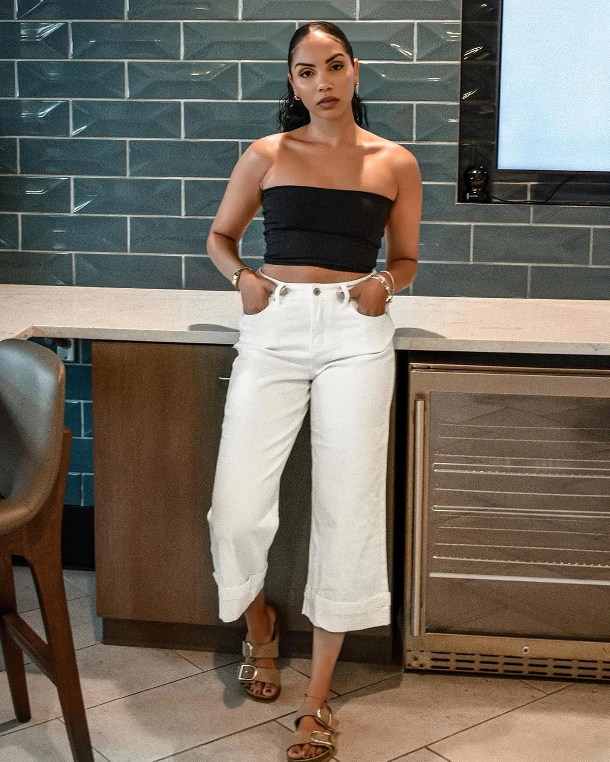 GRAPENT Wide Leg Jeans for Women High Waisted Stretchy Denim Crop Pants Fold Hem Cropped Baggy Jeans with Pockets
