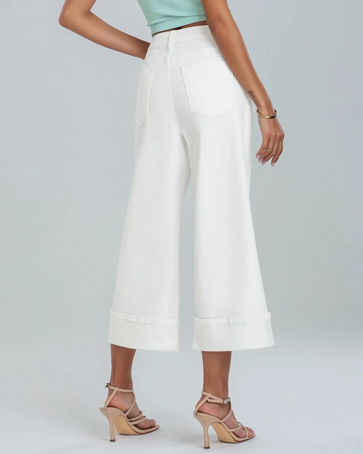 GRAPENT Wide Leg Jeans for Women High Waisted Stretchy Denim Crop Pants Fold Hem Cropped Baggy Jeans with Pockets