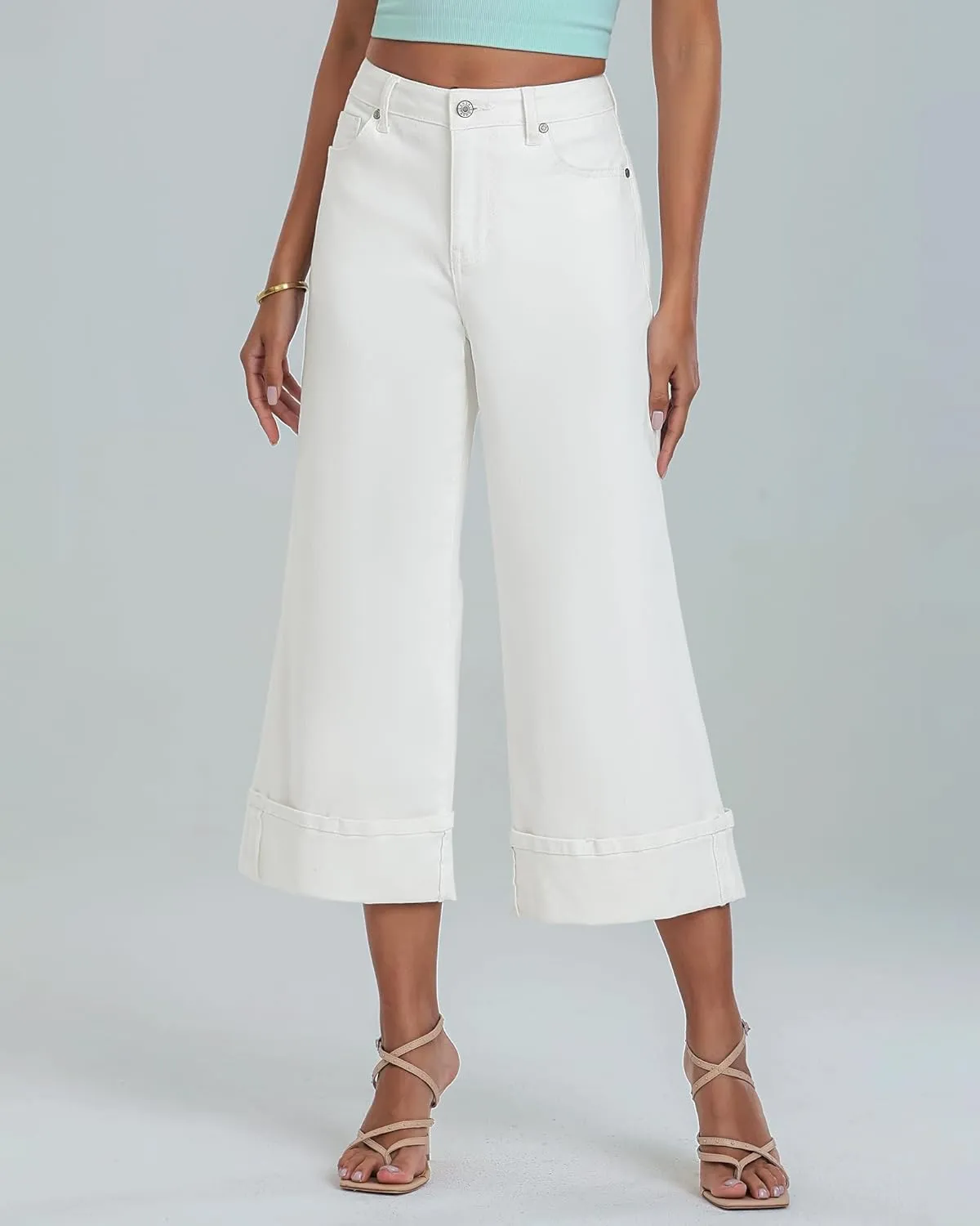 GRAPENT Wide Leg Jeans for Women High Waisted Stretchy Denim Crop Pants Fold Hem Cropped Baggy Jeans with Pockets