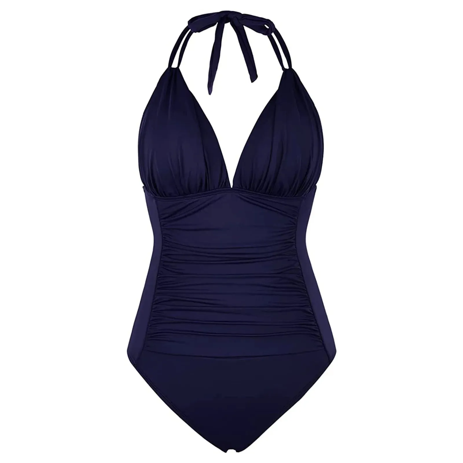 Halter neck ruched black swimming costume