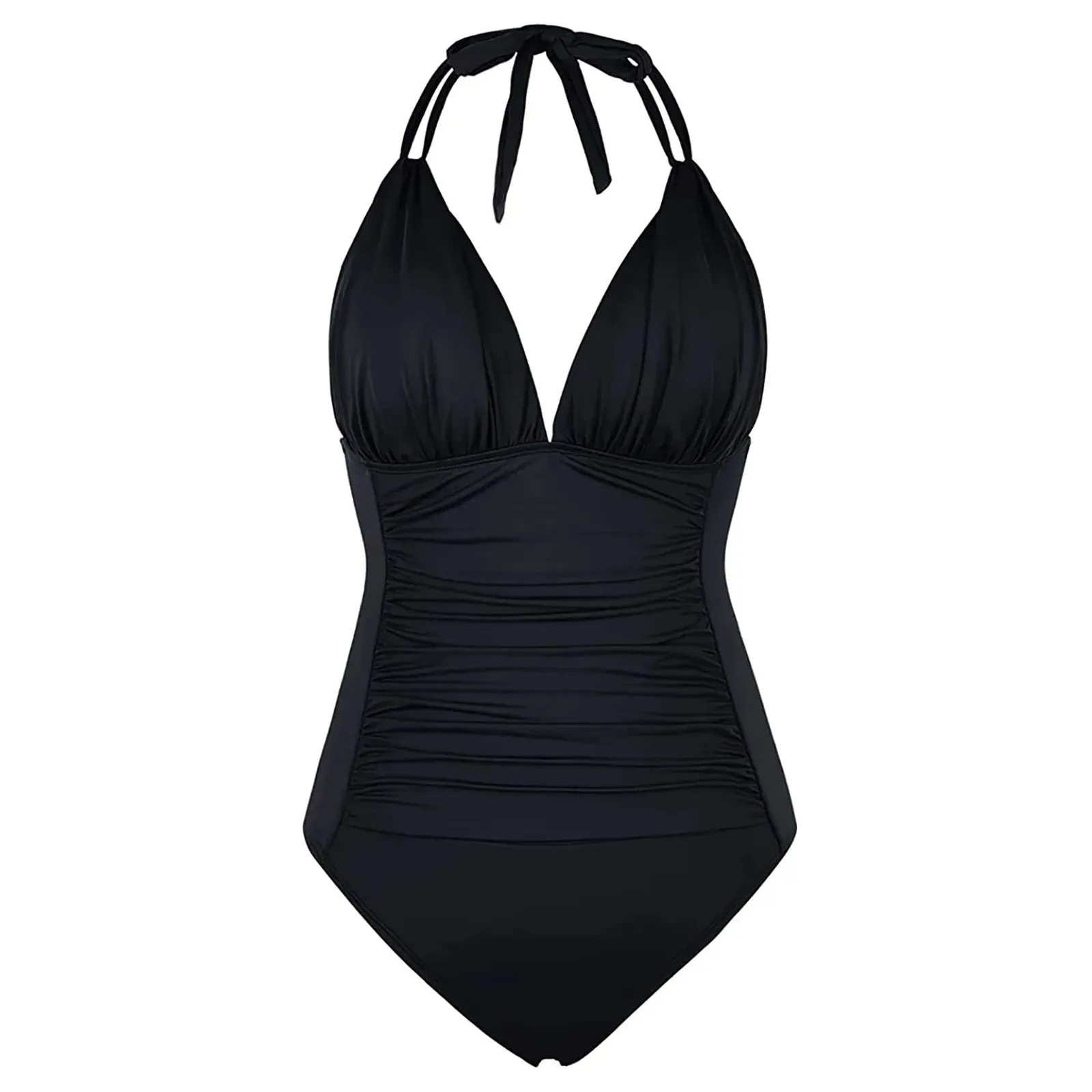 Halter neck ruched black swimming costume