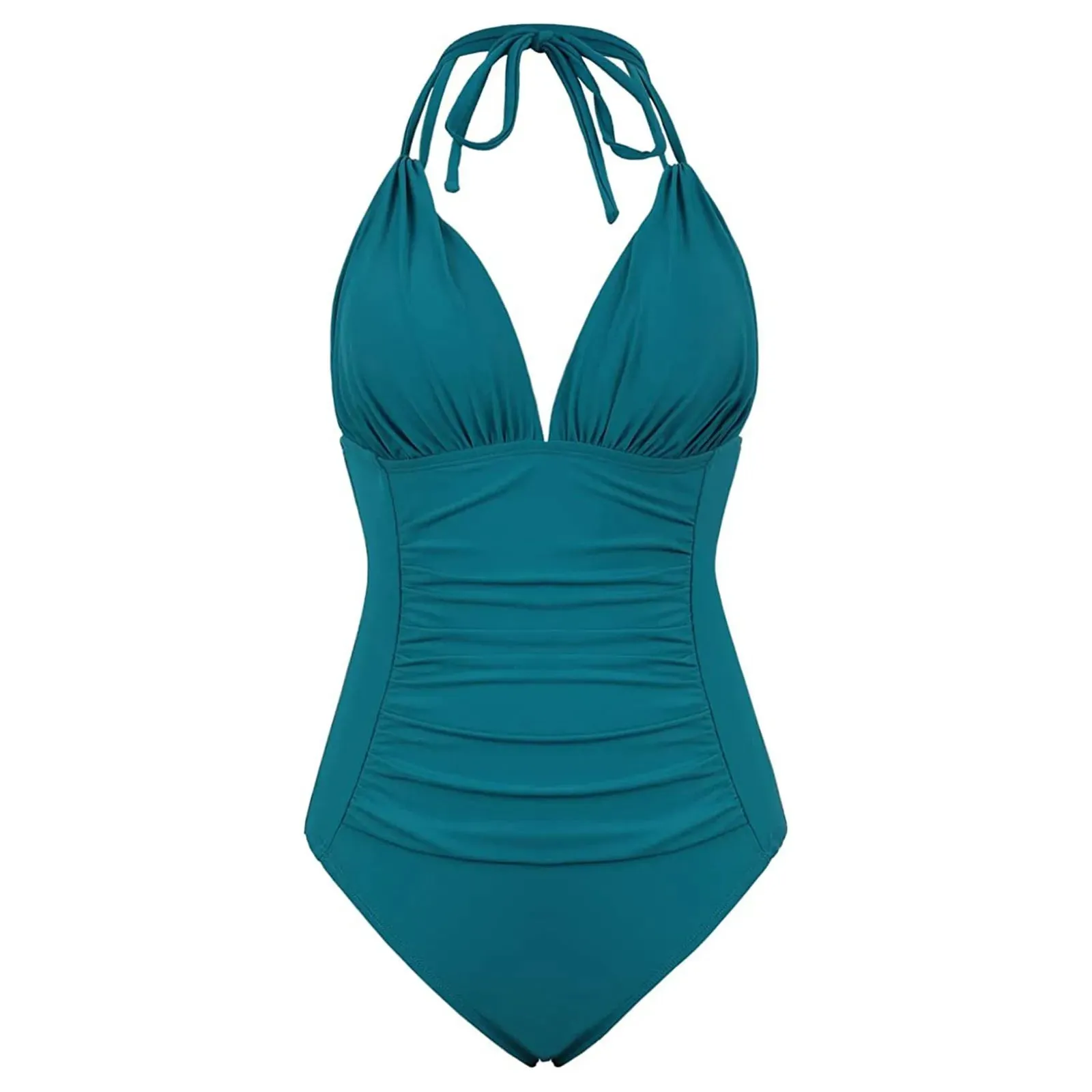 Halter neck ruched black swimming costume